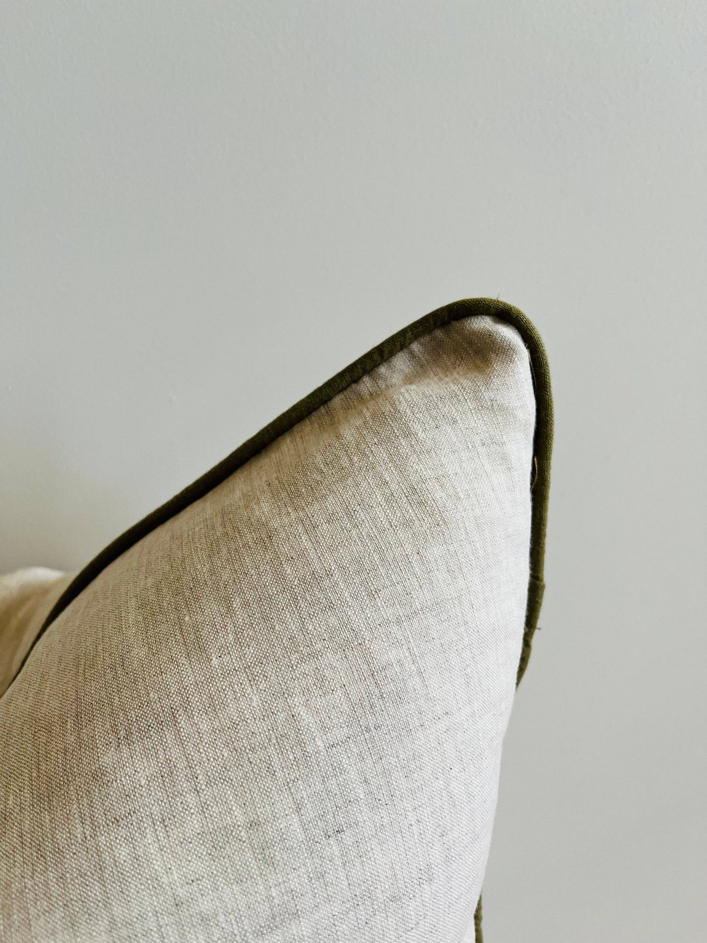 Mama and Tochter - Pure French Linen Cushion Cover with Piped Edge - Natural with Olive Piping