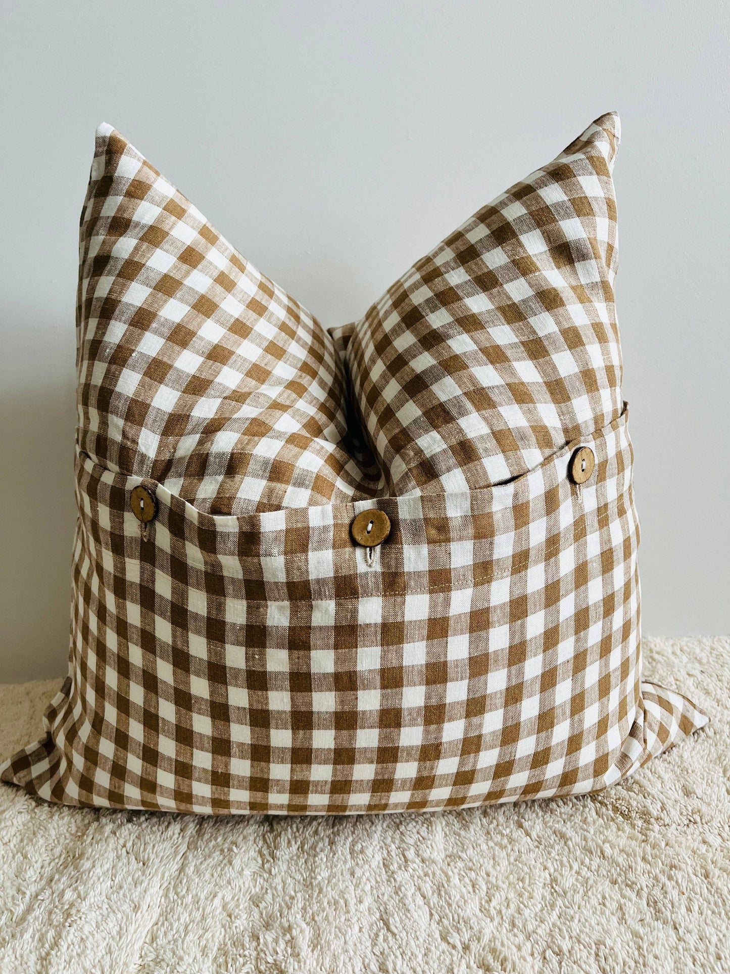 Mama and Tochter - Pure French Linen Cushion Cover - Chocolate Gingham