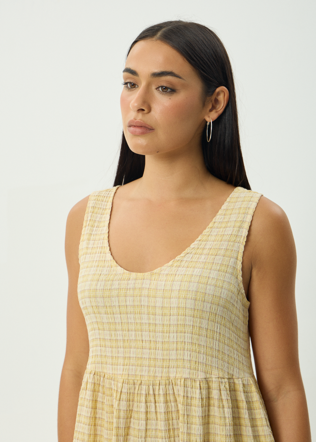 Afends Sunday Seersucker Midi Dress Lemon Check