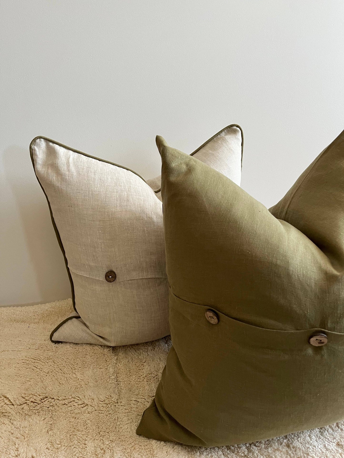 Mama and Tochter - Pure French Linen Cushion Cover with Piped Edge - Natural with Olive Piping