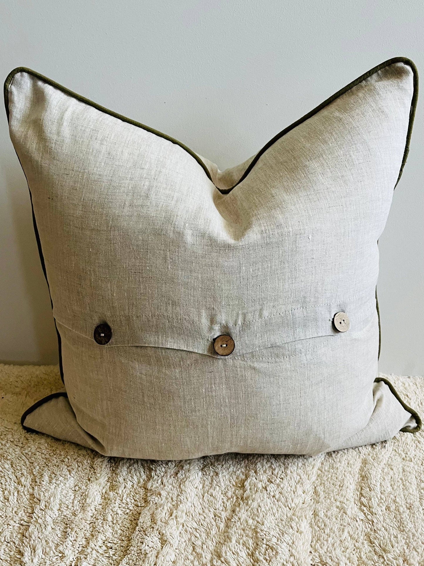 Mama and Tochter - Pure French Linen Cushion Cover with Piped Edge - Natural with Olive Piping
