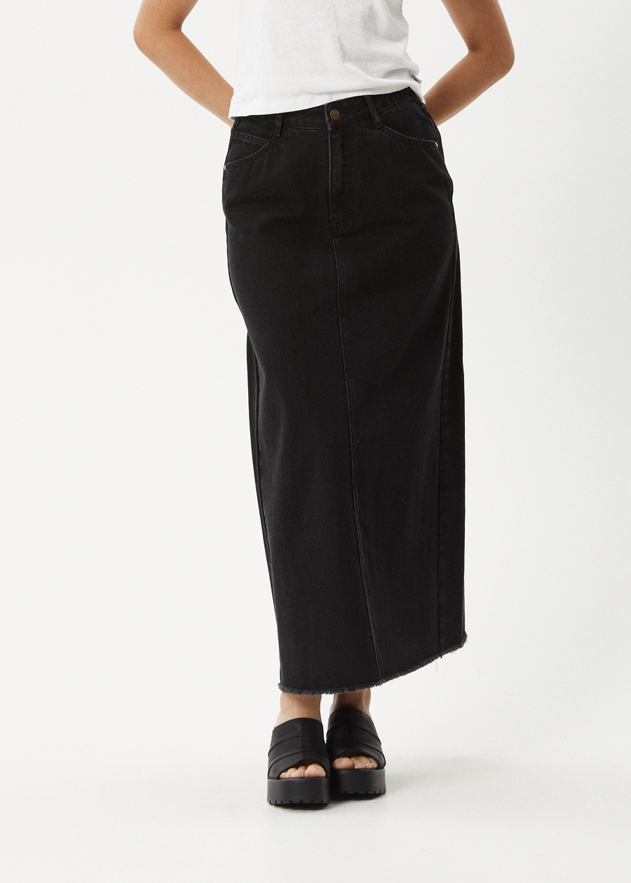 Afends Chichi Organic Denim Midi Skirt - Washed Black