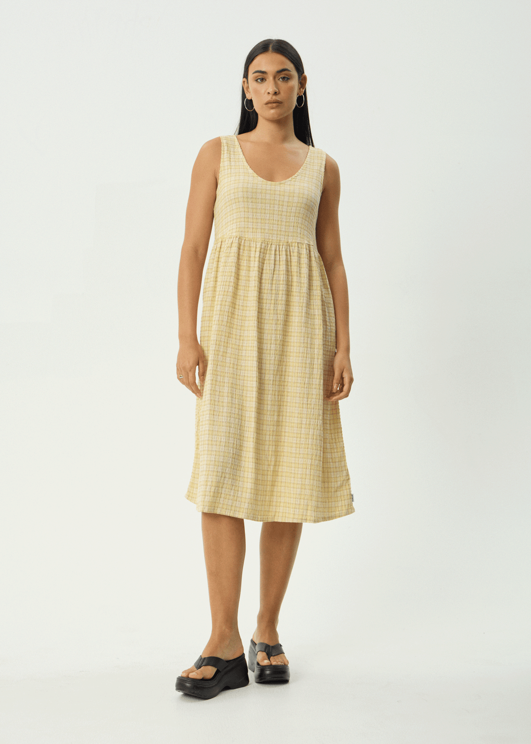 Afends Sunday Seersucker Midi Dress Lemon Check