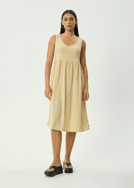 Afends Sunday Seersucker Midi Dress Lemon Check
