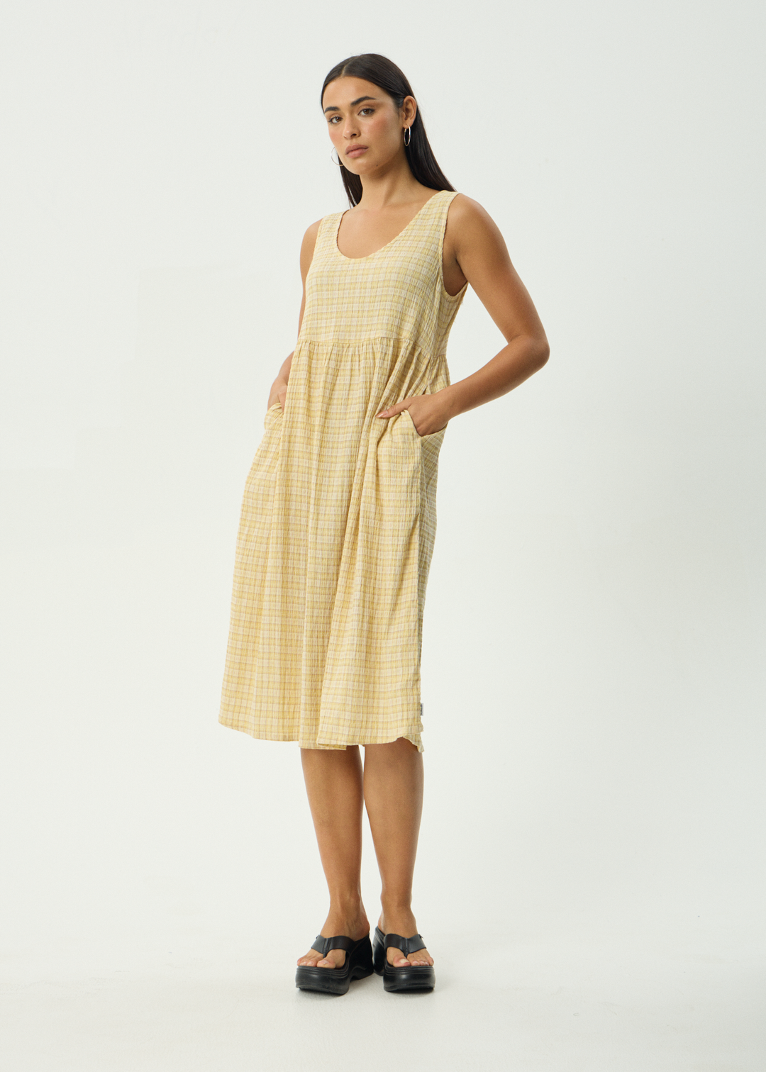Afends Sunday Seersucker Midi Dress Lemon Check