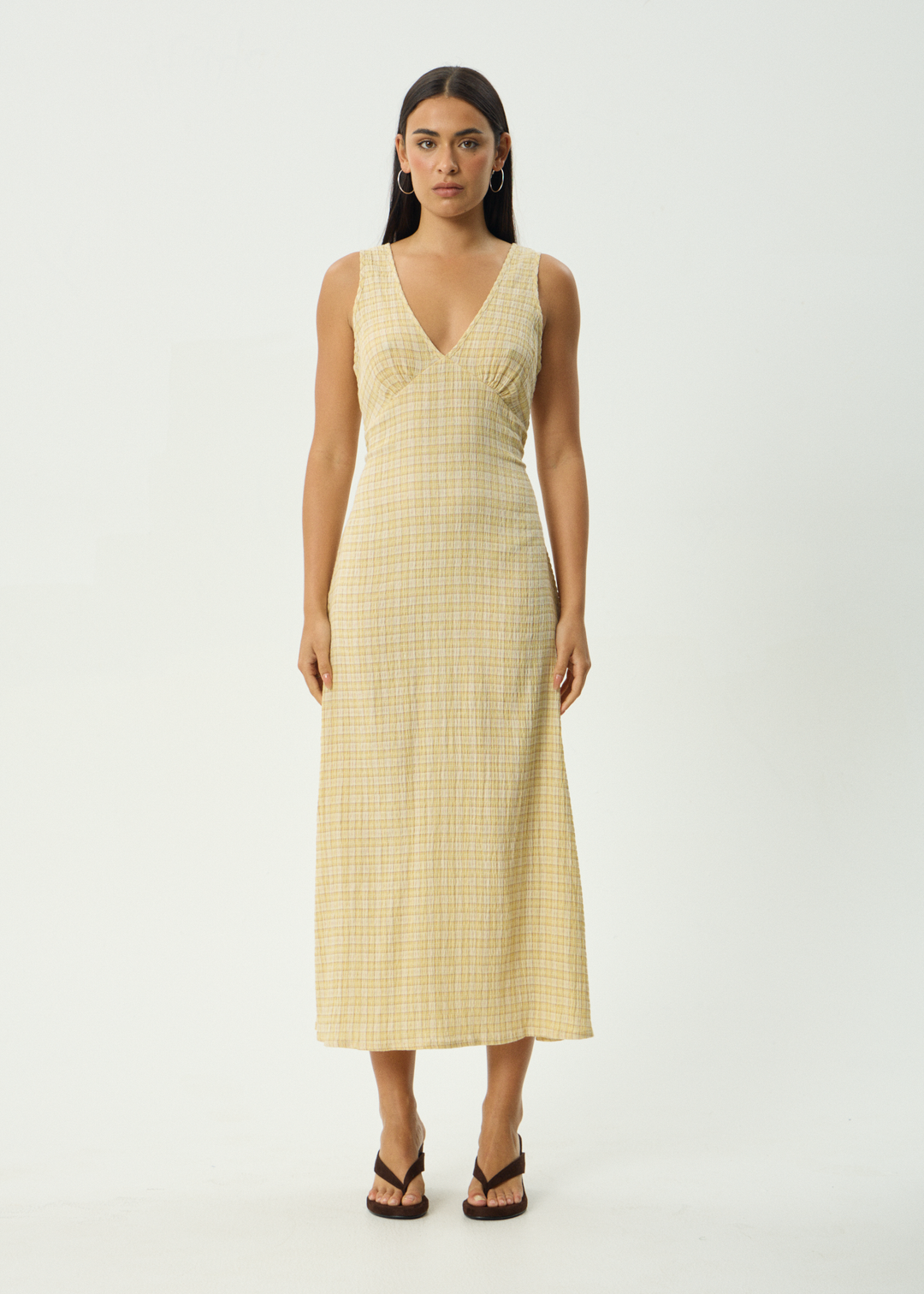 Afends Sunday Seersucker Check Maxi Dress Lemon Check