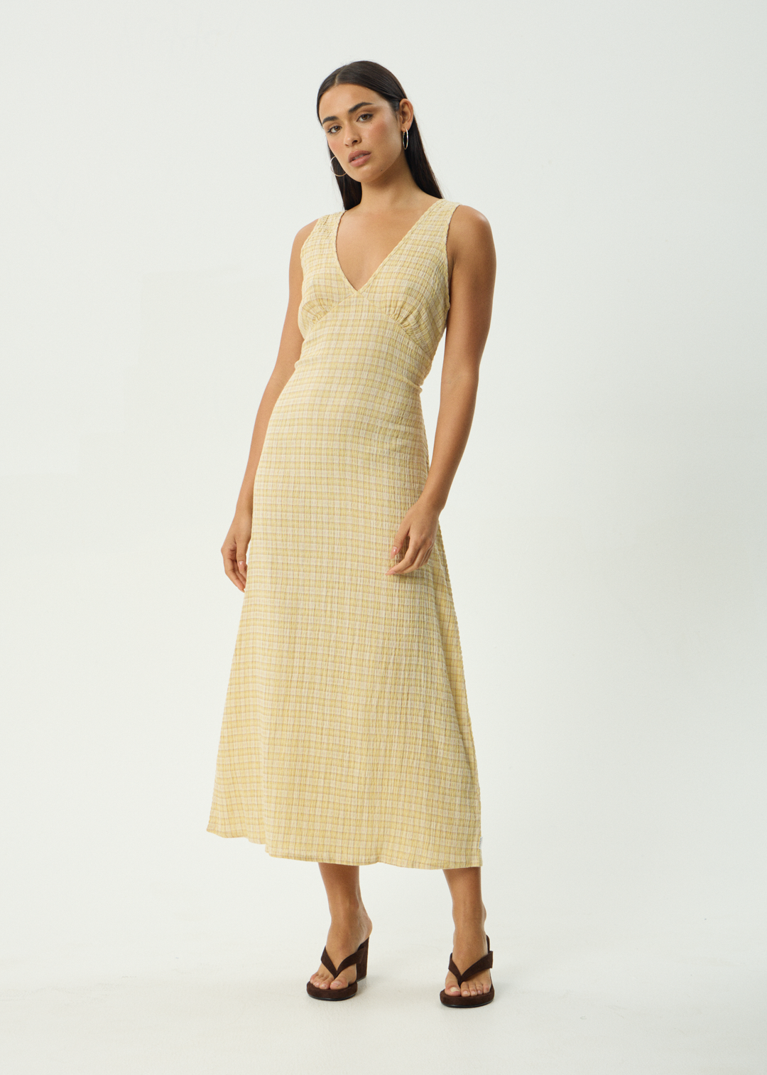 Afends Sunday Seersucker Check Maxi Dress Lemon Check