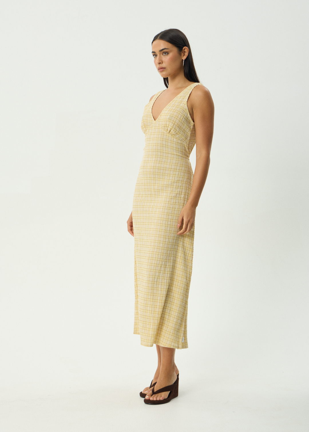 Afends Sunday Seersucker Check Maxi Dress Lemon Check