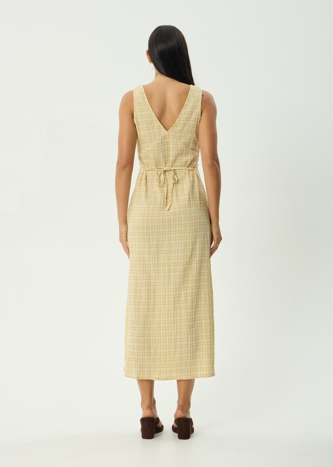 Afends Sunday Seersucker Check Maxi Dress Lemon Check