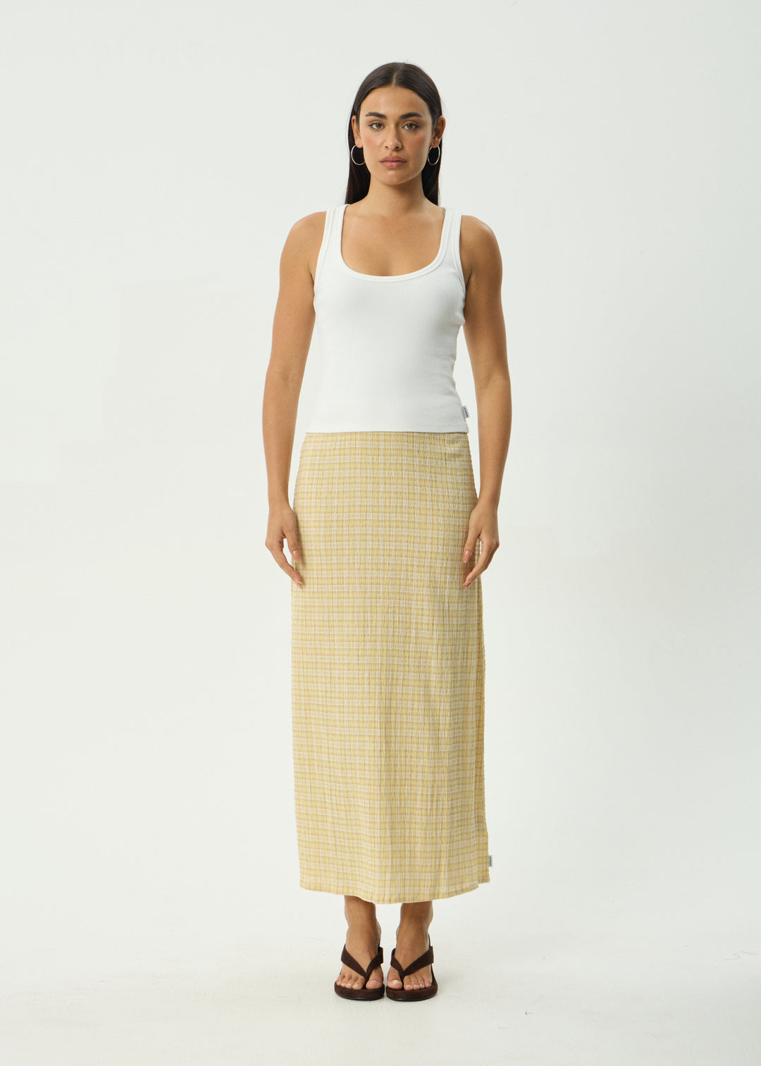 Afends Seersucker Maxi Skirt Lemon Check