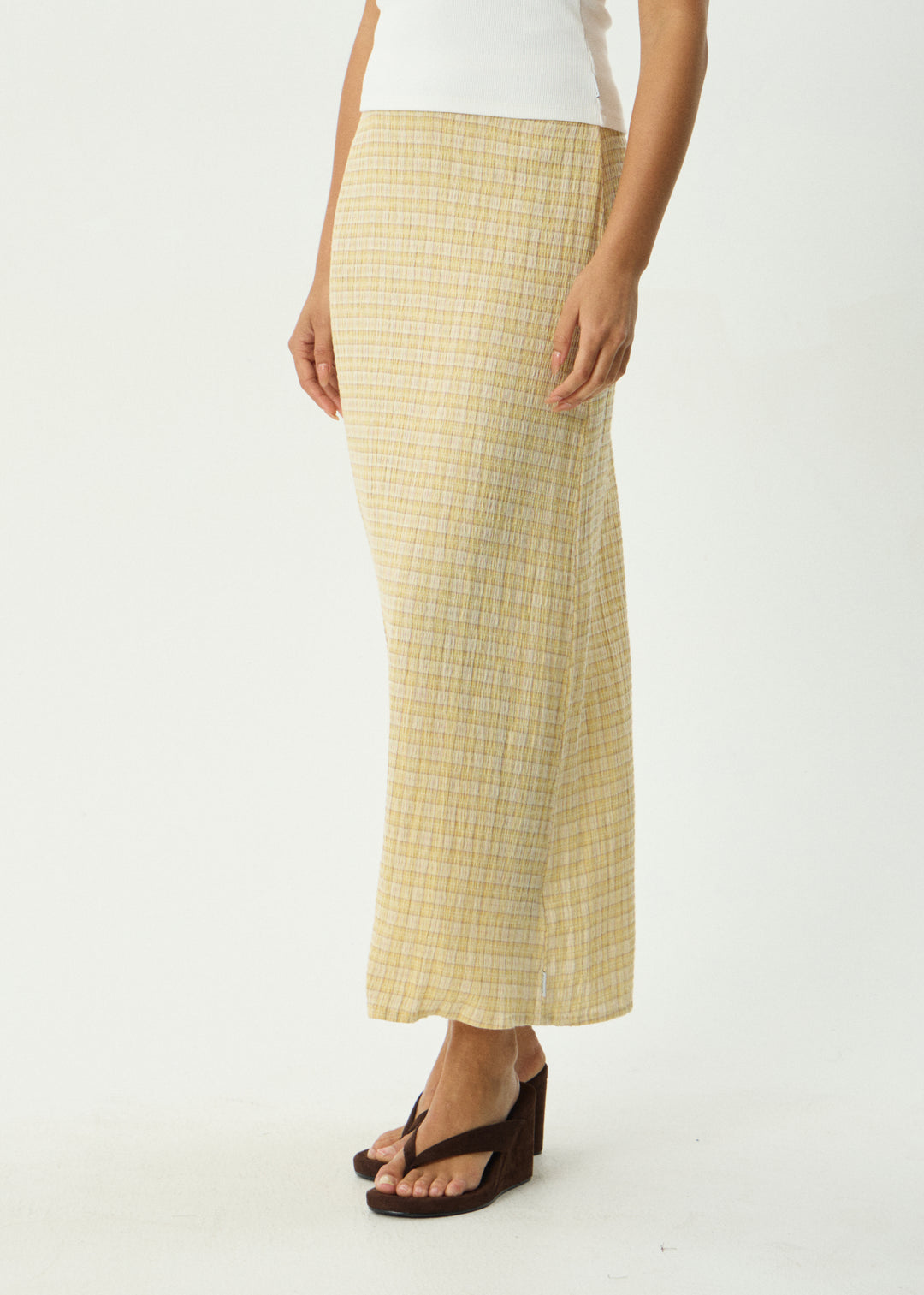 Afends Seersucker Maxi Skirt Lemon Check