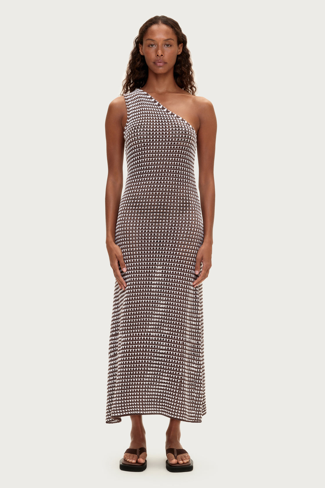 Zulu and Zephyr Lattice Knit One Shoulder Dress - Brown Stripe