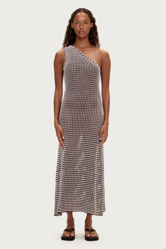Zulu and Zephyr Lattice Knit One Shoulder Dress - Brown Stripe