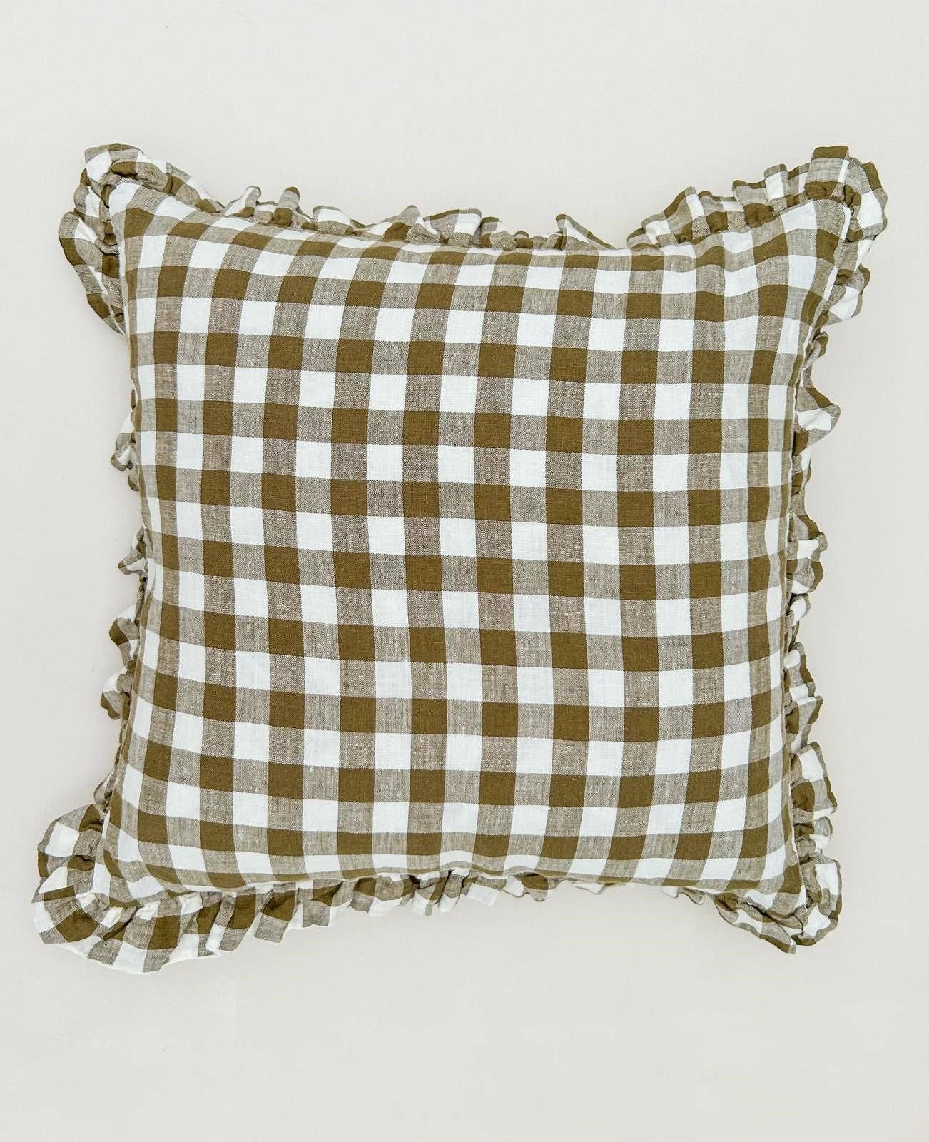 Mama and Tochter - Reversible Linen Ruffle Cushion Cover - Olive Gingham - Warm White